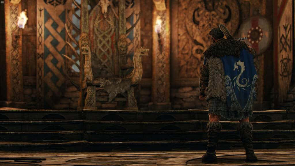 For Honor warrior in furs with shield standing in medieval hall background Wallpaper