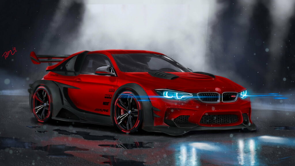 Custom candy red widebody BMW M4 with black aero and blue LED headlights in rain backdrop Wallpaper