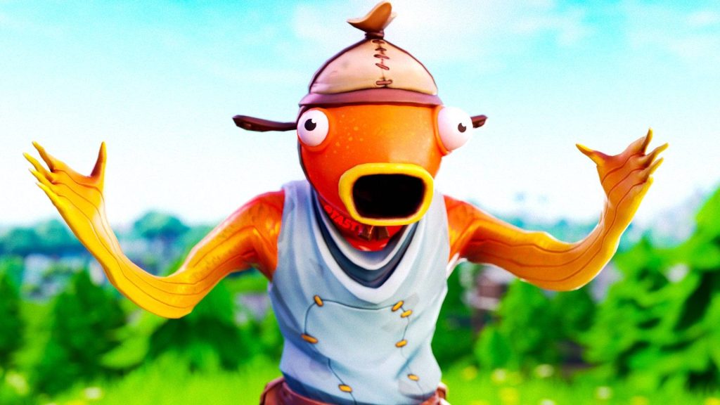 Fortnite 3D Fishstick wallpaper with shocked orange fish character in sunny outdoor scene background