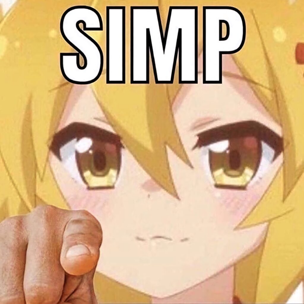 Playful Anime Meme Wallpaper: Bold SIMP Caption & Cute Character