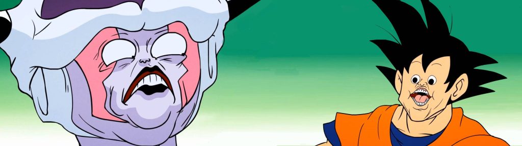 Funny Dragon Ball meme wallpaper with distorted Frieza and Goku on vibrant green background