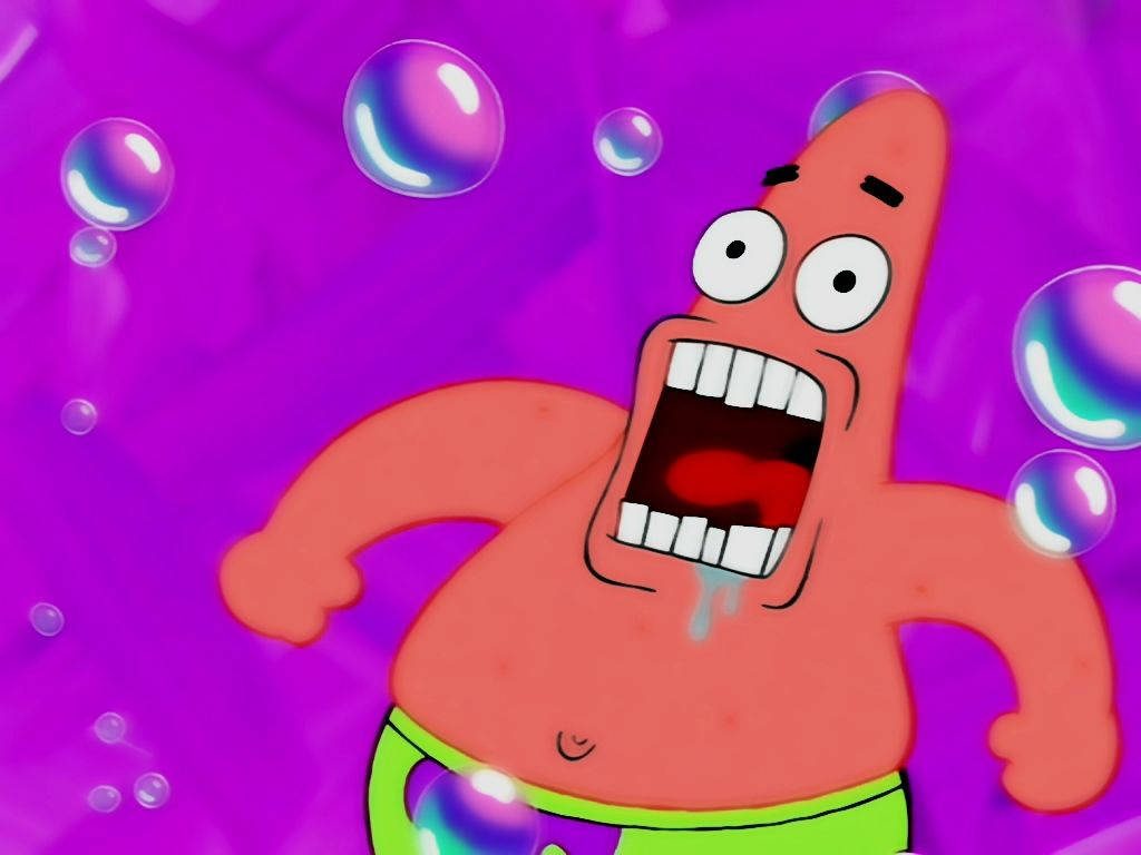 Hilarious Patrick Star goofy face wallpaper bright vibrant purple bubble background cartoon fans