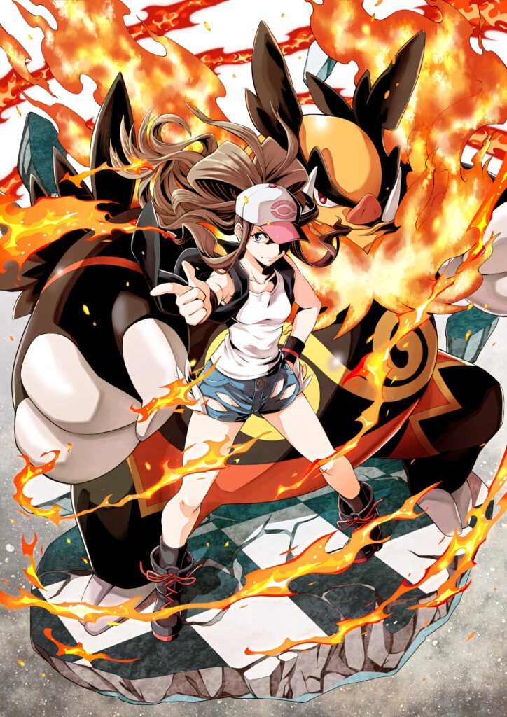 Hilda with raised arm and fiery Blazing Emboar behind her in dynamic anime flame scene wallpaper
