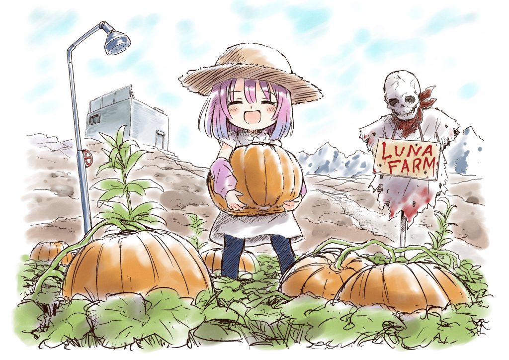 Himemori Luna in Luna Farm digital anime art holding pumpkin with skeleton scarecrow background Wallpaper