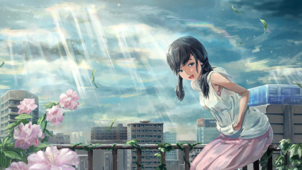 Rainy Rooftop Serenity: Hina Amono in Weathering With You Wallpaper