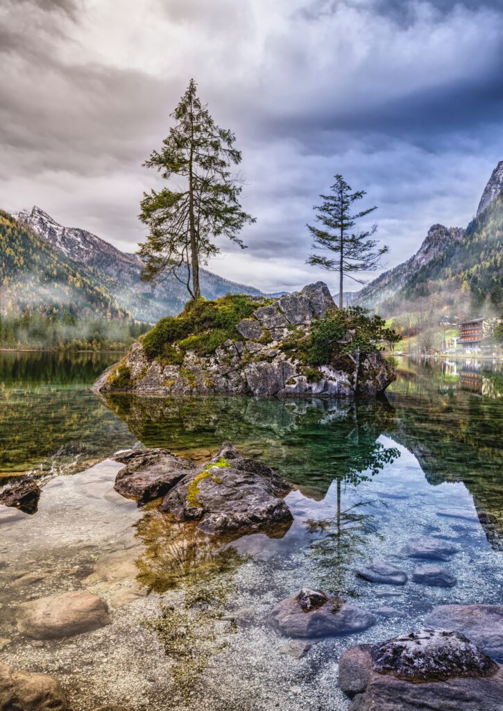 Hintersee Ramsau Berg mountains lake with cliffs trees reflections natural light wallpaper background