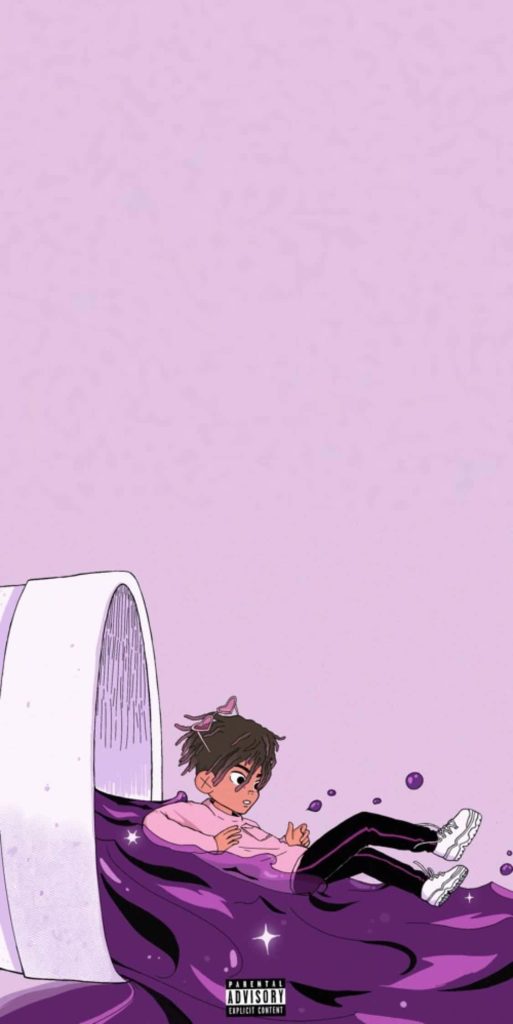 Cartoon character lounging in purple liquid from white cup hip hop style Parental Advisory wallpaper