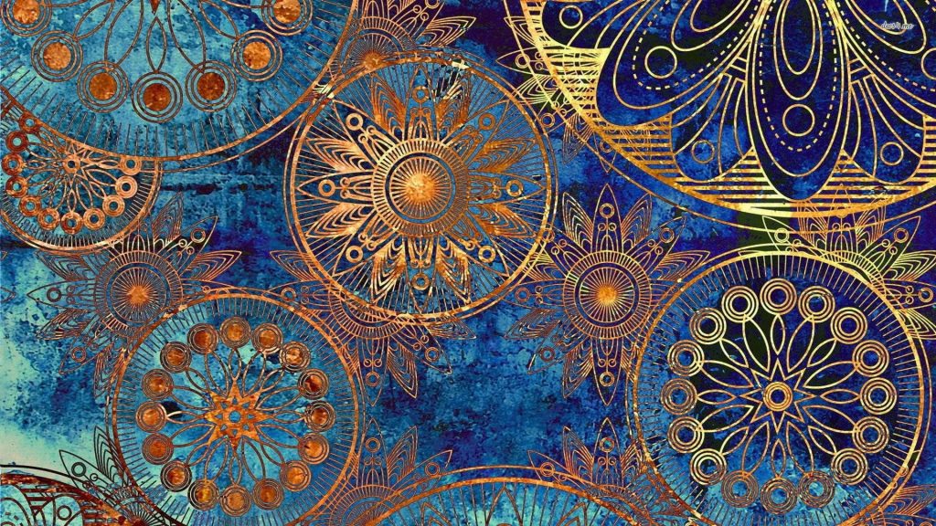 Hippie mandala floral pattern glowing gold bronze on deep blue watercolor background wallpaper
