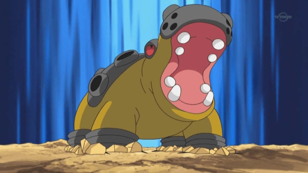 Hippowdon anime style wallpaper Ground type Pokémon roaring on sandy terrain blue sky background