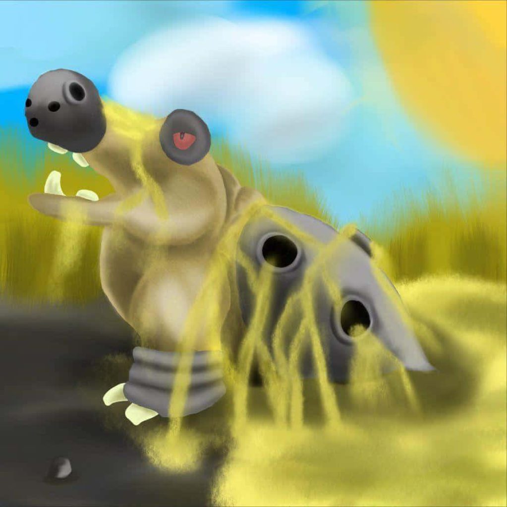 Hippowdon digital art wallpaper in bright desert with golden sand and sunny sky background