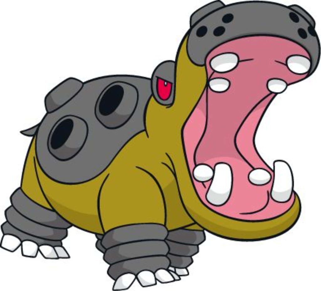 Hippowdon Ground-type Pokémon digital wallpaper showing open mouth yellow hide and white tusks
