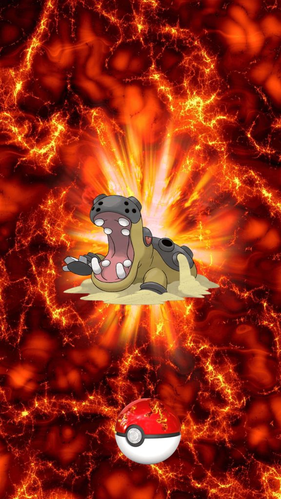 Hippowdon Ground type Pokémon emerging from sand with fiery glowing background and Poké Ball Wallpaper