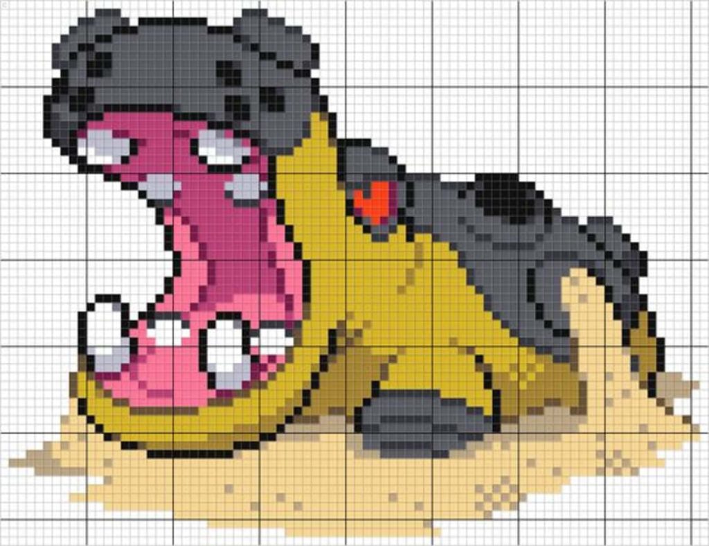 Pixel art Hippowdon with open mouth grid overlay perfect for cross-stitch and Perler beads Wallpaper