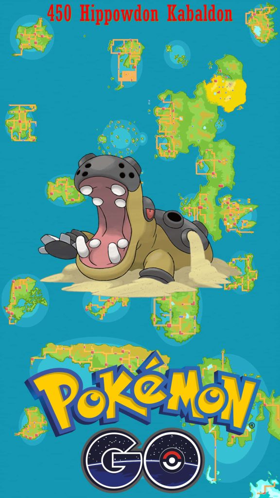 Ground-type Hippowdon roaring on sand with Pokémon GO logo and regional map wallpaper background