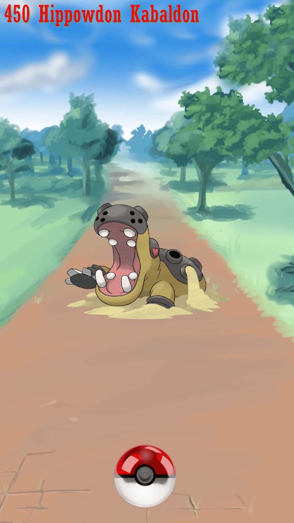 Hippowdon Pokémon roaring with sand on sunny forest dirt road mobile wallpaper background