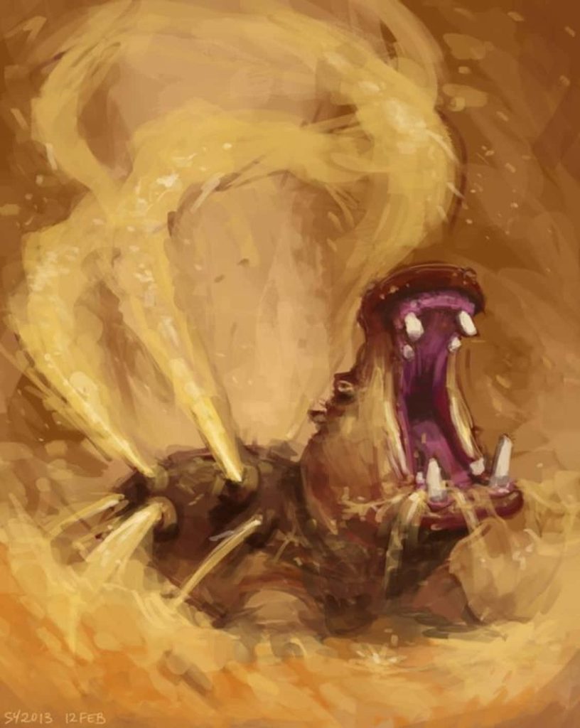 Hippowdon roaring fiercely with sand blasting from vents in a warm desert storm digital art wallpaper