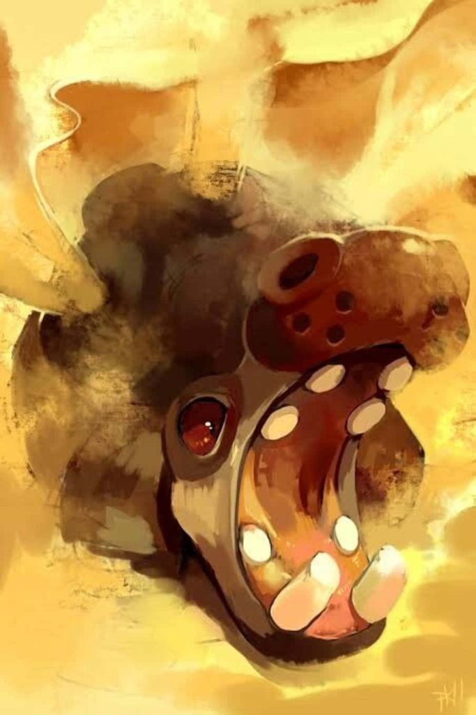 Hippowdon roaring in sandstorm digital art warm golden earthy tones Ground-type Pokémon wallpaper