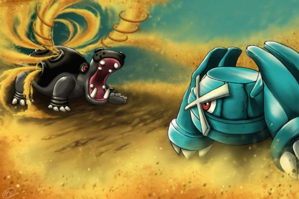 Hippowdon battles Metagross in a desert sandstorm intense Pokemon showdown wallpaper