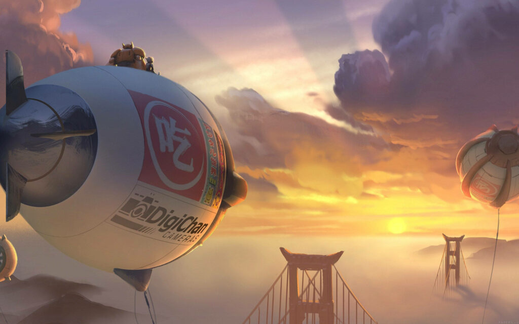 Serene Sunset: Hiro & Baymax Airship Wallpaper with Golden Gate View