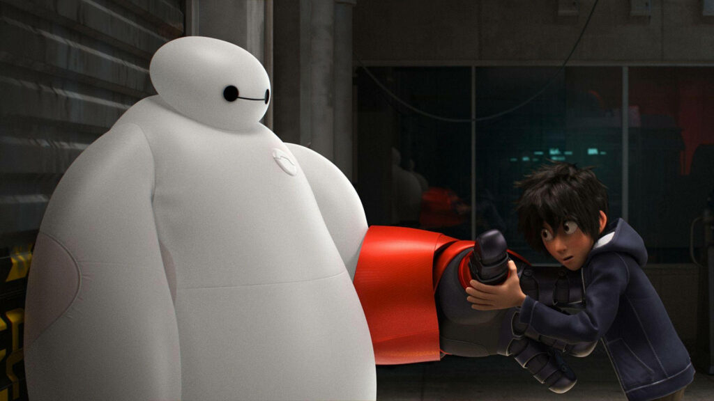 Hiro fitting Baymax with red hand armor showcasing teamwork and innovation wallpaper background