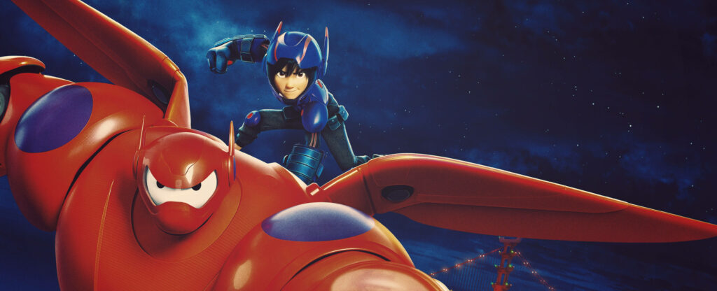 Hiro in battle suit rides Baymax flying through night sky dynamic Baymax wallpaper background