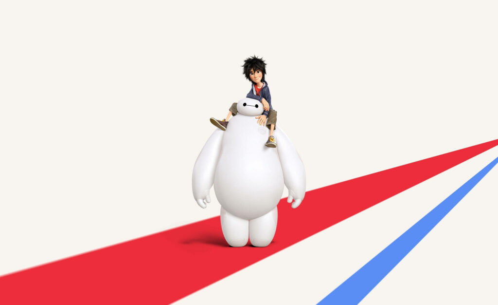 Hiro sitting on Baymax’s shoulders smiling in a playful Baymax wallpaper background scene