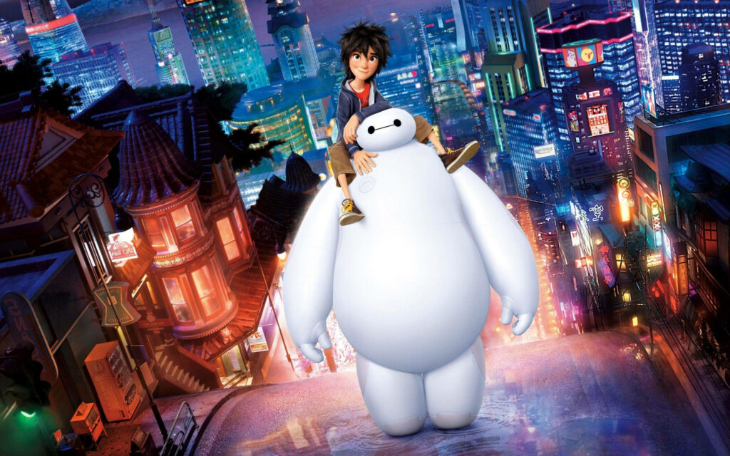 Hiro joyfully on Baymax shoulders overlooking vibrant cityscape with colorful lights wallpaper