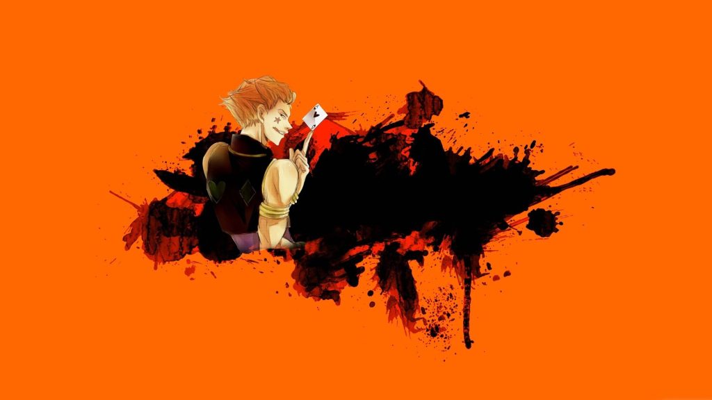 Hisoka Morow Hunter x Hunter 4K wallpaper with smirk and card on black red splatter background