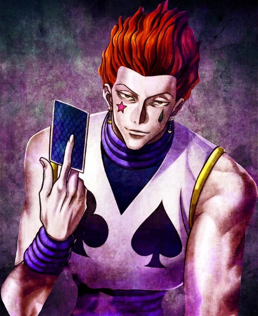 Hisoka Morow 4K digital art wallpaper purple background red hair face paint playing card