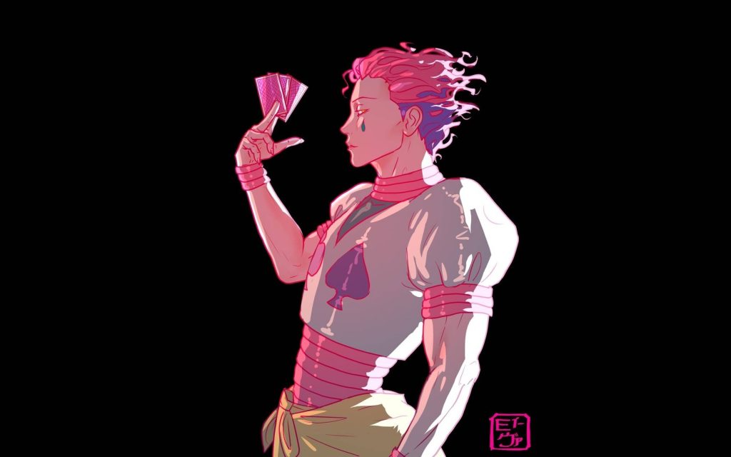 Hisoka Morow Hunter x Hunter profile 4K wallpaper holding cards red pink rim light black background