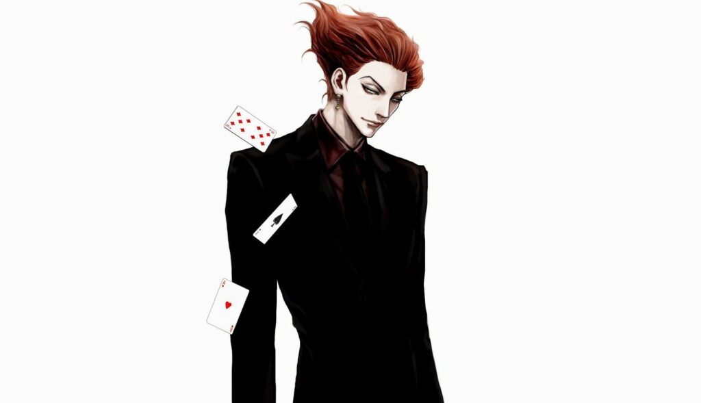 Hisoka Morow in elegant black suit with spiky red hair posing with floating playing cards wallpaper