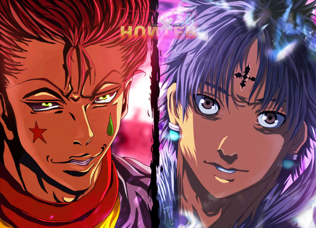 Hisoka Morow and Chrollo Lucilfer split-screen wallpaper Hunter x Hunter intense rivalry vibrant colors