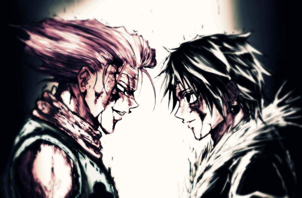 Hisoka Morow and Chrollo Lucilfer face off in dark Hunter x Hunter wallpaper with bold shadows