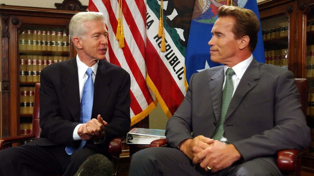 Historic photo of Governors Gray Davis and Arnold Schwarzenegger with US California flags Wallpaper