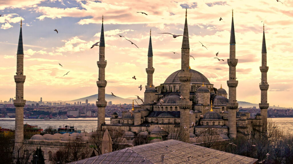 Turkish Towers and Historical Charm: Istanbul's Sultan Ahmet Camii in Cityscape Wallpaper in UHD 8K 7680x4320 Resolution