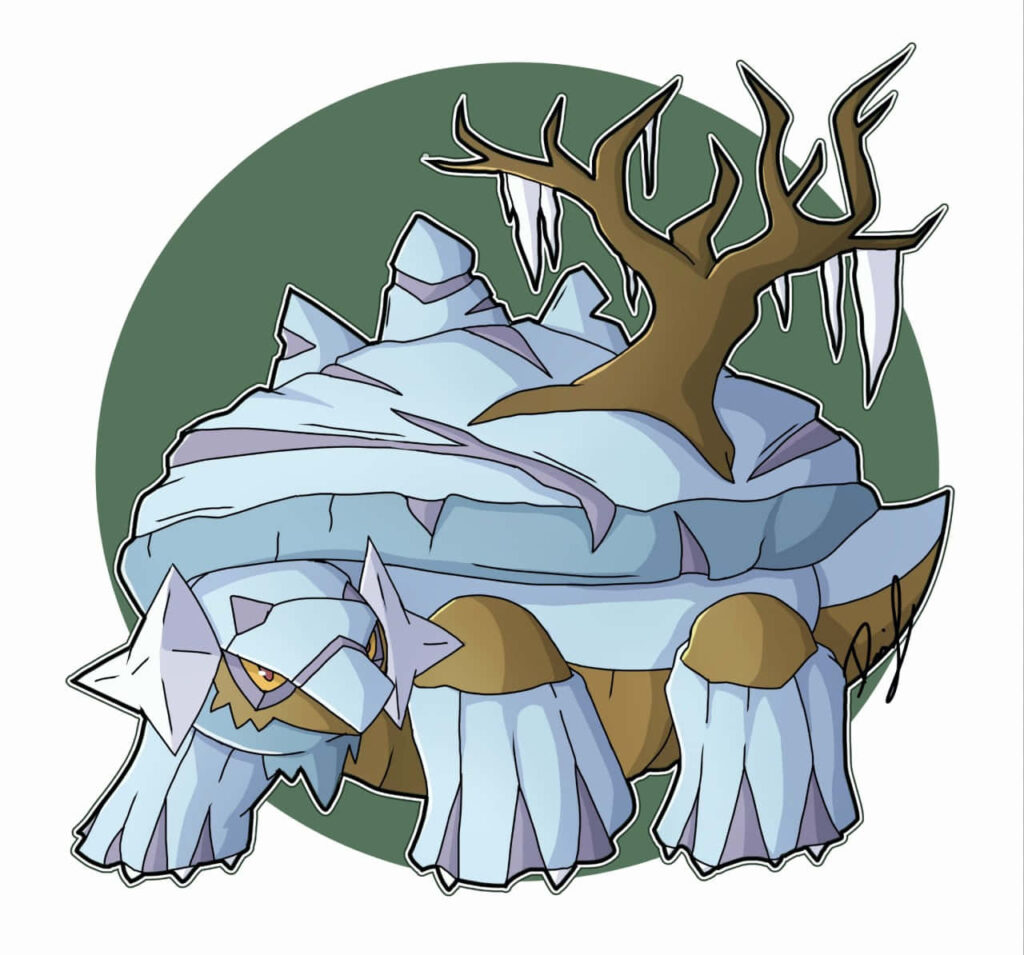 Hisuian Avalugg with icy armor and snow-covered tree on back against green wallpaper background