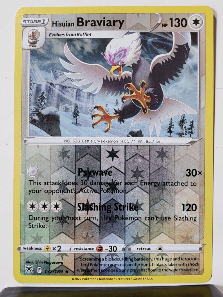 Hisuian Braviary Pokémon card wallpaper soaring over misty ruins vivid Psychic Flying artwork