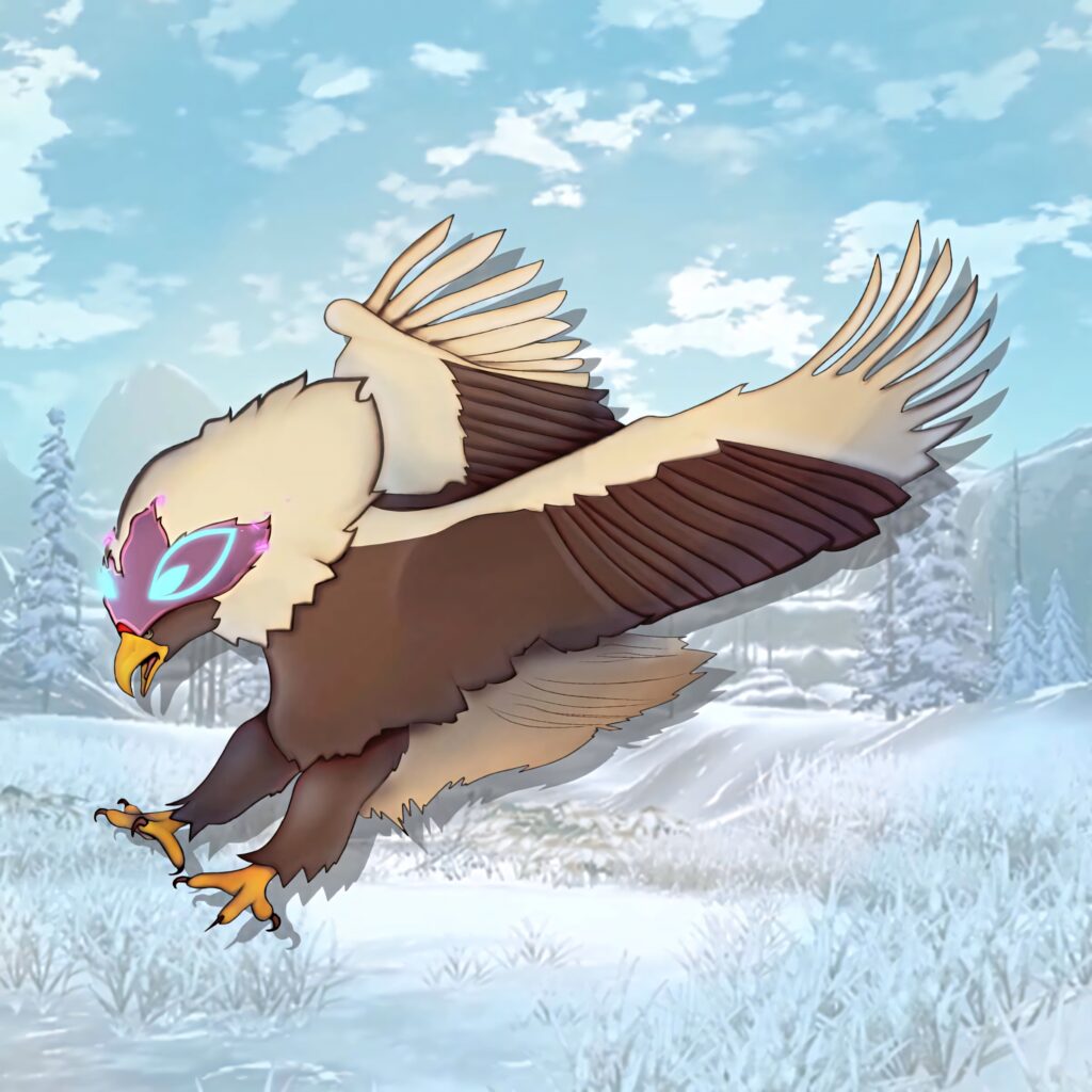 Hisuian Braviary soaring above snowy landscape with glowing blue eyes and white brown plumage Wallpaper