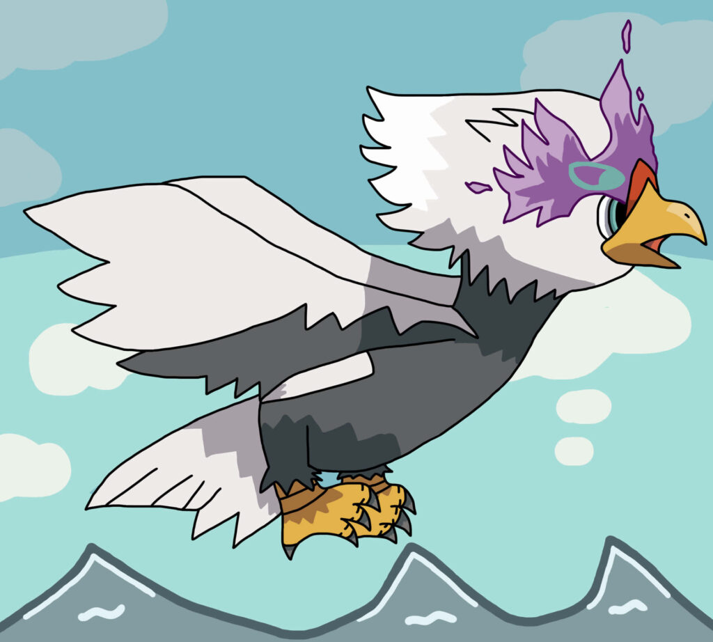 Hisuian Braviary side view soaring over mountains with white purple feathers blue sky wallpaper