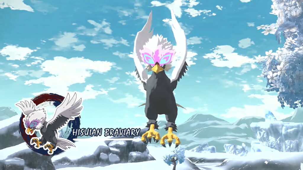 Hisuian Braviary flying over snowy winter landscape with frosted trees and icy blue skies wallpaper