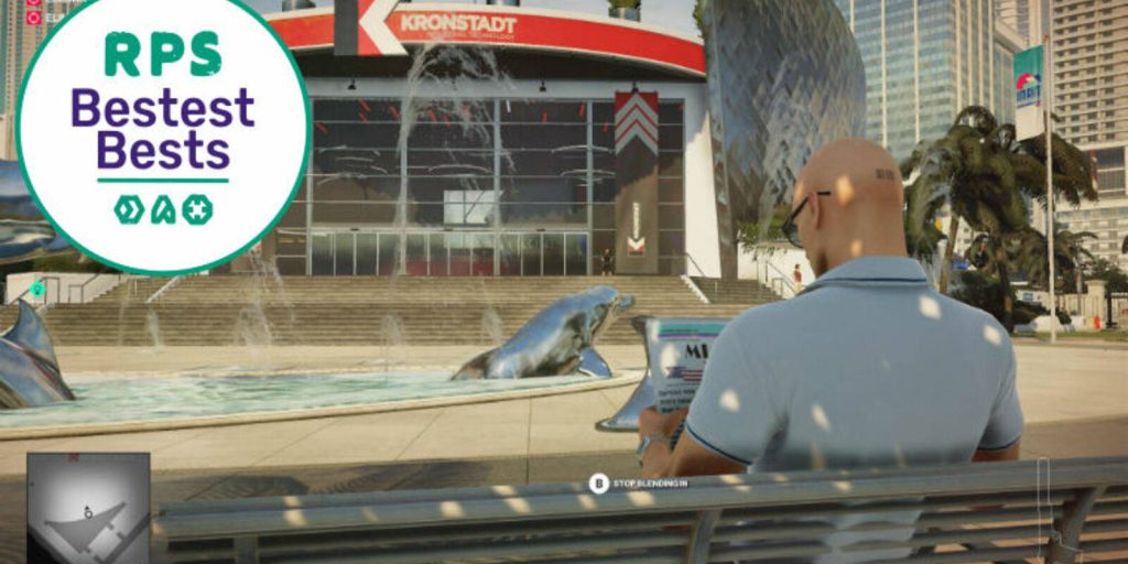 Agent 47 sits on Miami bench blending with newspaper Hitman 2 stealth action game scene Wallpaper
