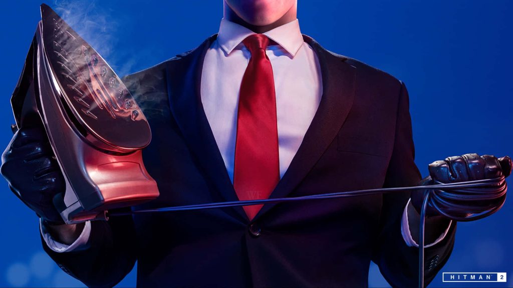 Agent 47 Hitman 2 wallpaper in suit wielding steaming iron on bold blue background dark humor