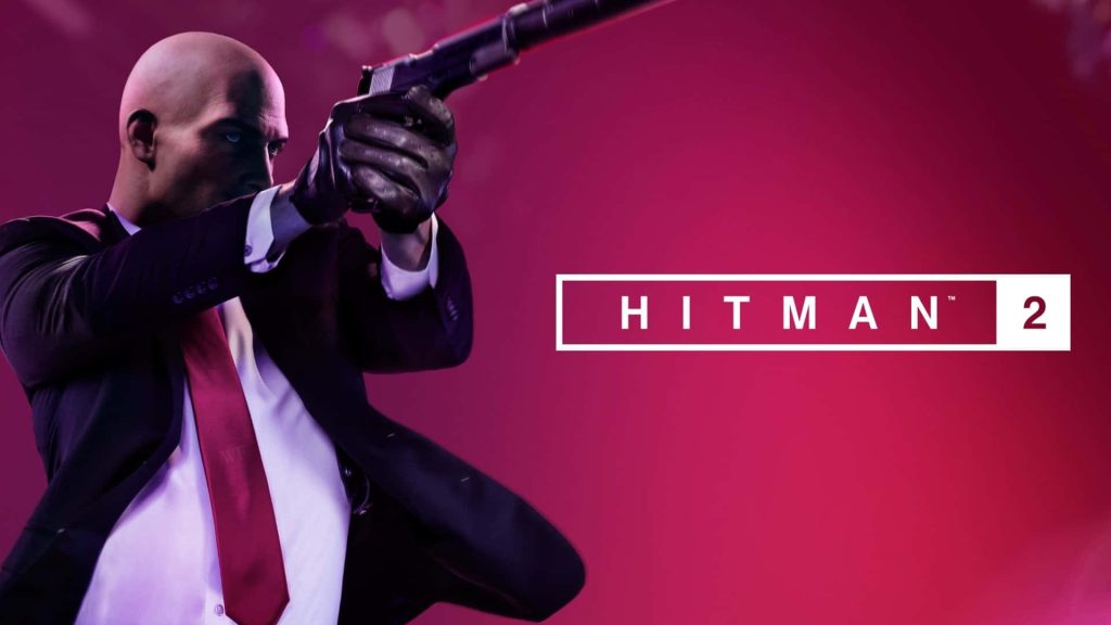 Hitman 2 wallpaper Agent 47 with suppressed pistol on bold red background digital game art