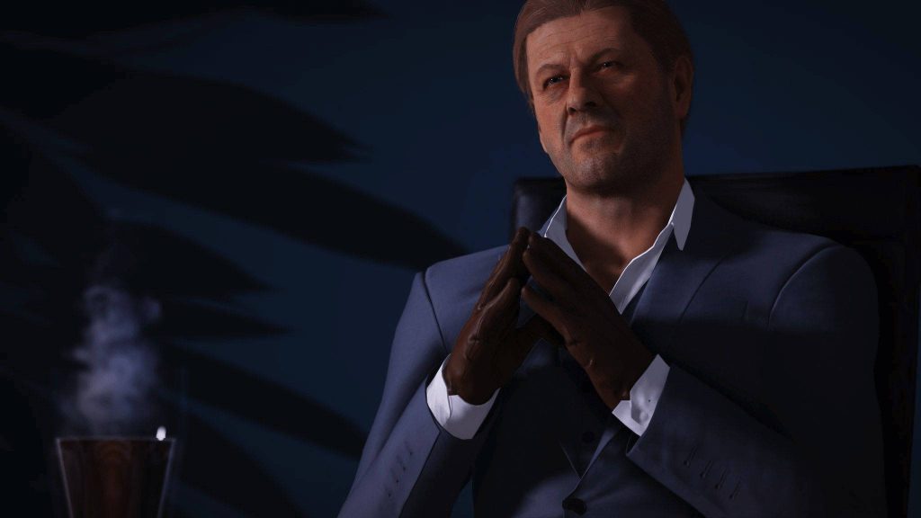 Hitman 2 Mark Faba in suit with gloves holding steaming mug dark moody cinematic wallpaper background
