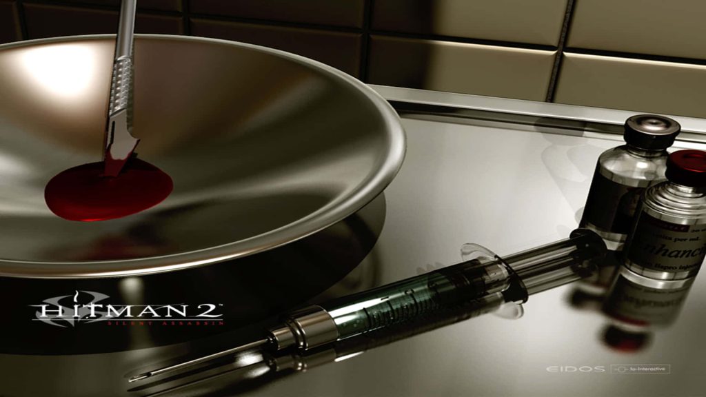 Hitman 2 Silent Assassin 3D scalpel blood syringe vials dark lethal game wallpaper background