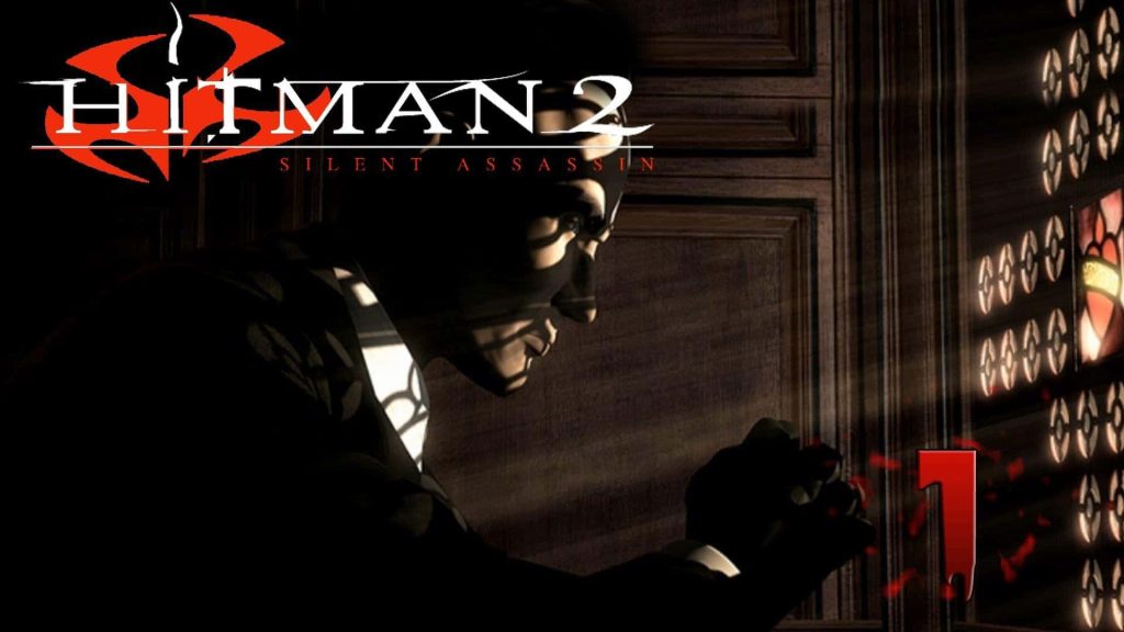 Agent 47 in shadow wood-paneled room Hitman 2 Silent Assassin cinematic wallpaper background
