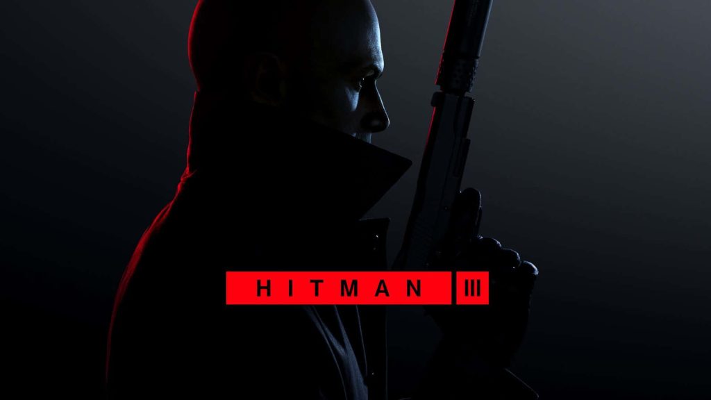Hitman 3 wallpaper showing Agent 47 side profile with suppressed pistol moody shadows red light