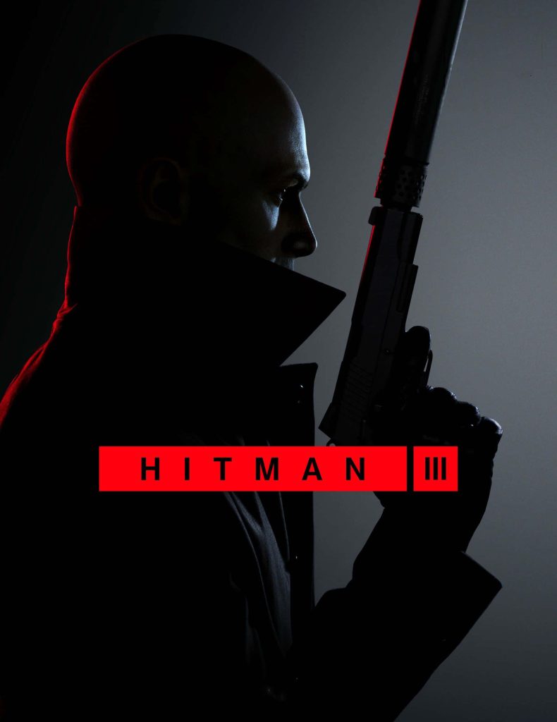 Agent 47 silhouette with suppressed pistol in red lighting Hitman 3 cinematic wallpaper background
