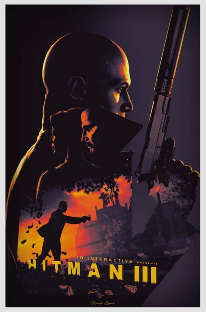 Hitman 3 digital poster Agent 47 double exposure sunset mansion stealth assassin wallpaper