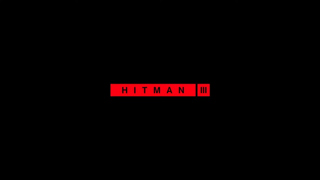 Hitman 3 wallpaper with bold white logo in red rectangle on black background minimalist design